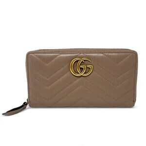 Gucci GG Double G Marmont Zip Around Wallet Zippy Chevron Leather Long Tan Gold